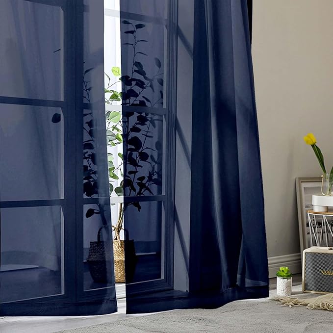 Sheer Navy Blue Curtains for Bedroom Living Room 63 Inch Length 2 Panels, Airy Soft Light Filtering Sheer Dining Room Curtains, Modern Rod Pocket Drapes, Navy Blue, Each 42" Wx63 L Inches