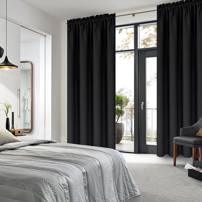 DWCN Blackout Curtains for Bedroom - Thermal Insulated Privacy Energy Saving Rod Pocket Drapes for Living Room, W 38 x L 63 Inch, Black, Set of 2