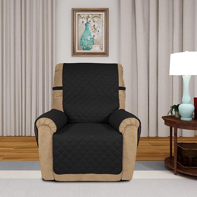 PureFit Reversible Quilted Sofa Cover, Water Resistant Slipcover Furniture Protector, Washable Couch Cover with Non Slip and Elastic Straps for Kids, Dogs, Pets (Small Recliner, Black/Black)