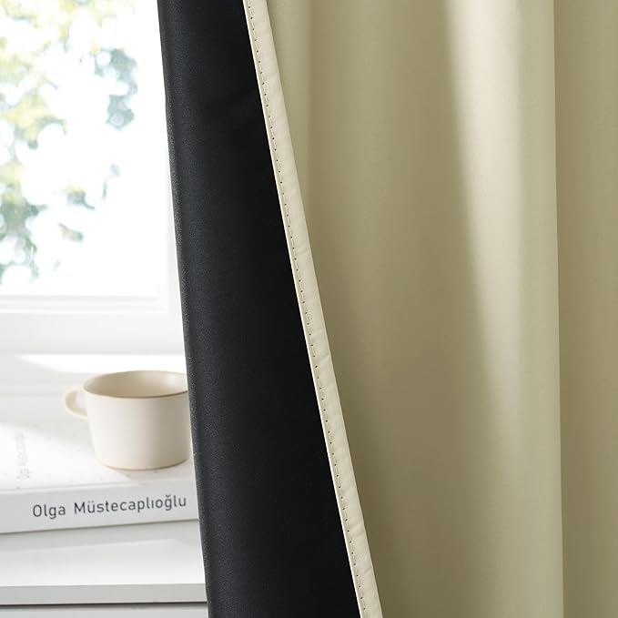 RYB HOME 100% Blackout Short Curtains for Small Window, Thermal Insulated Total Room Darkening Noise Reducing Curtains for Kitchen Bathroom Basement, 42 inches Wide by 45 inches Long, Beige