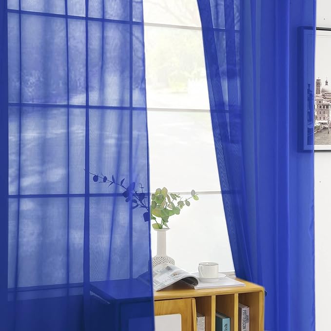 youleyar Solid Sheer Rod Pocket Curtain Voile Draperies 2 Panels White Beige Black Grey Coffee 52 Inch Width 90 Inch Long 1 Pair for Kitchen Bedroom Children Living Room Yard (Sapphire,52Wｘ90L)