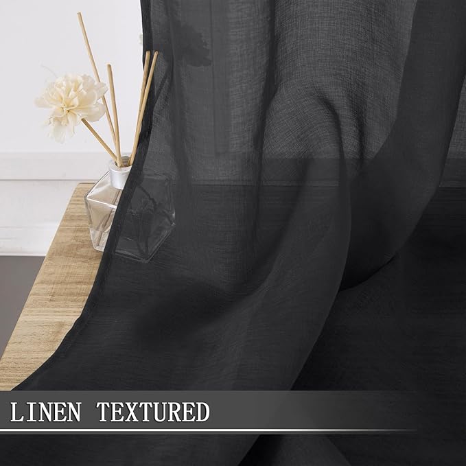 Tollpiz Short Sheer Curtains Living Room Linen Textured Curtain Sheers Light Filtering Voile Rod Pocket Curtains for Bedroom, 38 x 45 inches Long, Black, Set of 2 Panels