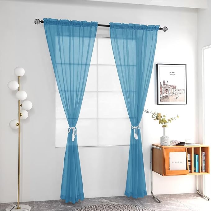 youleyar Solid Sheer Rod Pocket Curtain Voile Draperies 2 Panels White Beige Black Grey Ivory 52 Inch Width 54 Inch Long 1 Pair for Kitchen Bedroom Children Living Room Yard (Blue,52Wｘ54L)