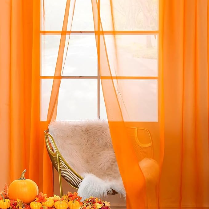 youleyar Solid Sheer Rod Pocket Curtain Voile Draperies 2 Panels Orange Beige Black Grey Coffee 38 Inch Width 54 Inch Long 1 Pair for Kitchen Bedroom Children Living Room Yard(Orange,38Wｘ54L)