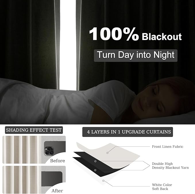 Extra Wide 100 Inch Length Blackout Curtains & Drapes 90 Inches Long 2 Panels Set for Sliding Glass Doors Modern Pleated Linen Blend Heavy Floor to Ceiling Large Window Drapes(100"Wx90"Lx 2 Birch)