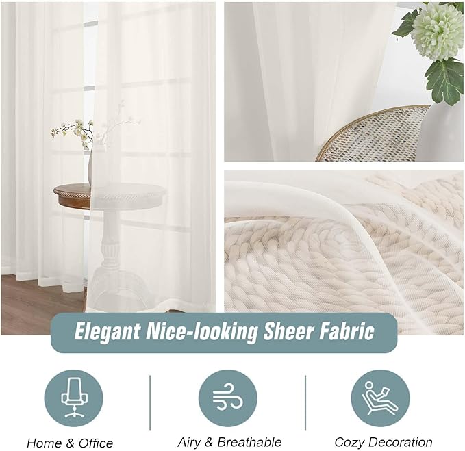 Ivory Sheer Curtains for Window 72 inches Long 2 Panels Set, Soft Airy Modern Light Filtering Sheer Curtains for Living Room Bedroom, Dual Rod Pocket Solid Window Drapes, 2x42Wx72L inches