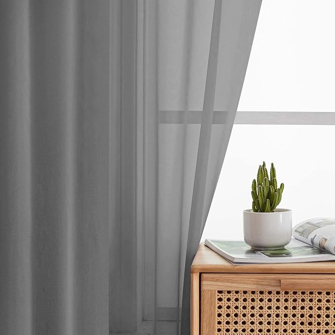 Grey Sheer Curtains for Bedroom Living Room 96 Inches Long 2 Panels, Modern Airy Soft Lightweight Rod Pocket Light Filtering Sheer Curtains Drapes, Grey, Each 42" Wx96 L Inch