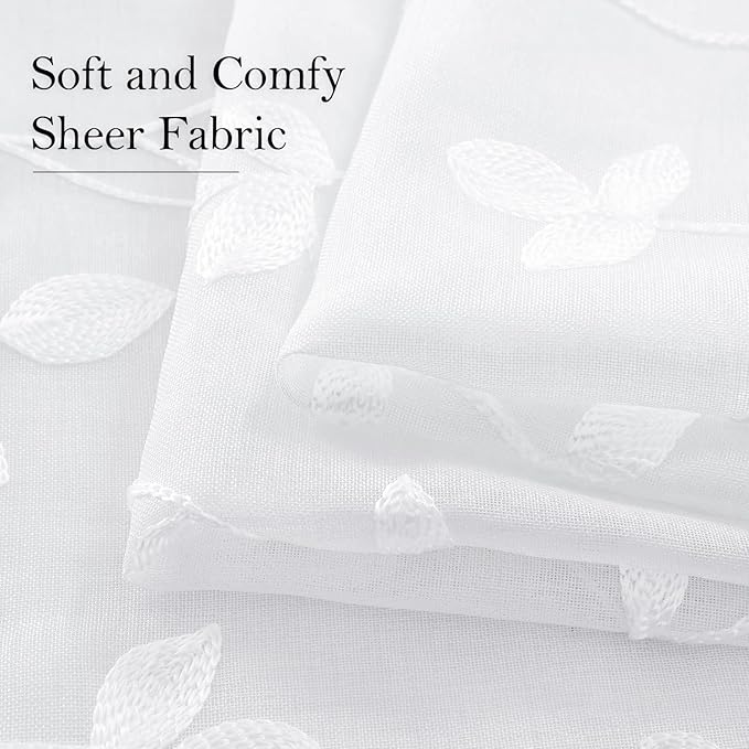 HOMEIDEAS White Sheer Curtains 52 X 96 Inches Length 2 Panels Embroidered Vine Floral Pattern Pocket Faux Linen Semi Sheer Voile Window Drapes for Bedroom Living Room