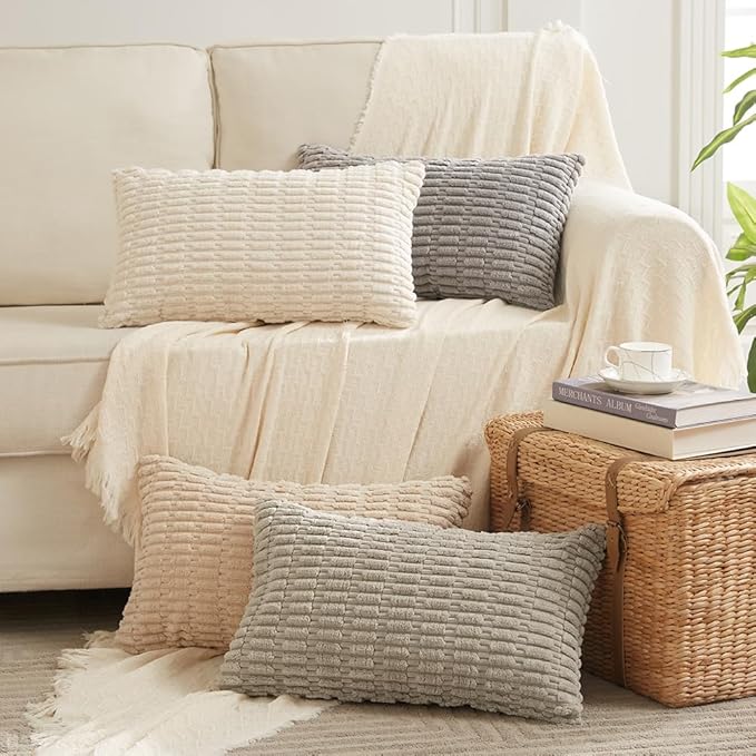 Fancy Homi 4 Packs Taupe Decorative Throw Pillow Covers 12x24 Inch for Living Room Couch Bed, Rustic Modern Farmhouse Boho Home Decor, Soft Plush Corduroy Cute Square Accent Cushion Case 30x60 cm