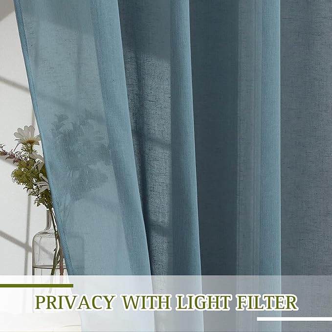 NICETOWN Linen Sheer Curtains for Bedroom, Grommet Semi Sheer Window Drapes Privacy with Light Filtering Casual & Rustic for Bedroom/Farmhouse, Smoke Blue, 2 Panels, W52 x L63
