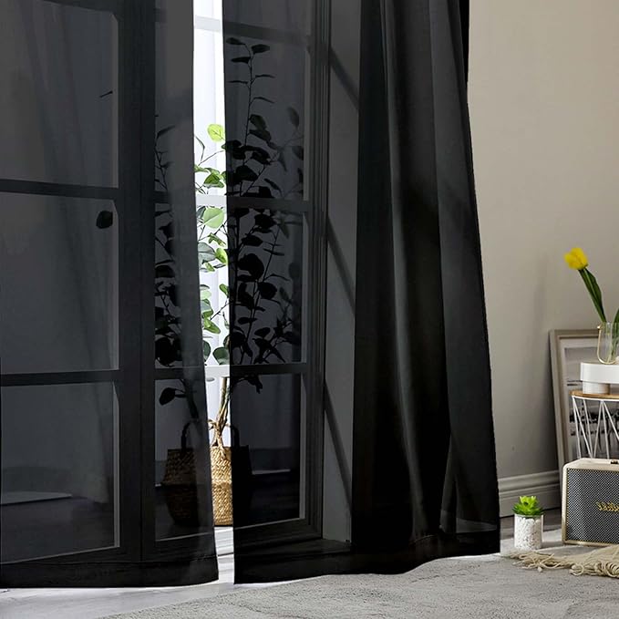 Sheer Black Curtains for Bedroom Living Room 54 Inch Length 2 Panels Set, Solid Soft Airy Light Filtering Window Treatments, Modern Rod Pocket Drapes, Black, 42" Wx54 L Inches