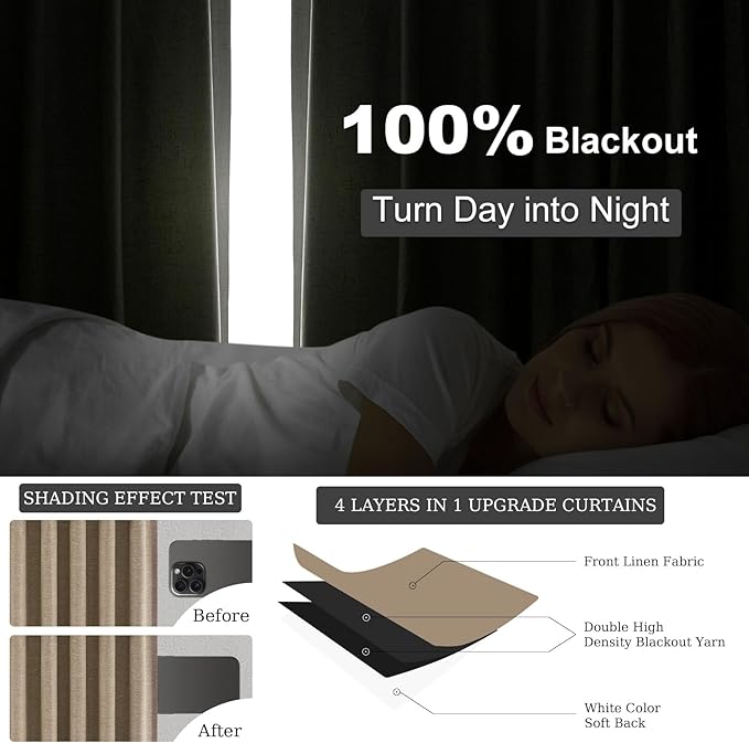Topfinel Taupe Burlap Linen Blackout Curtains 63 Inches Long 2 Panels for Small Window Boho Farmhouse Linen Blend Texture Insulated Hook Belt Back Tab Pocket Pleated Drapes Fall Home Decor(W52 x L63)