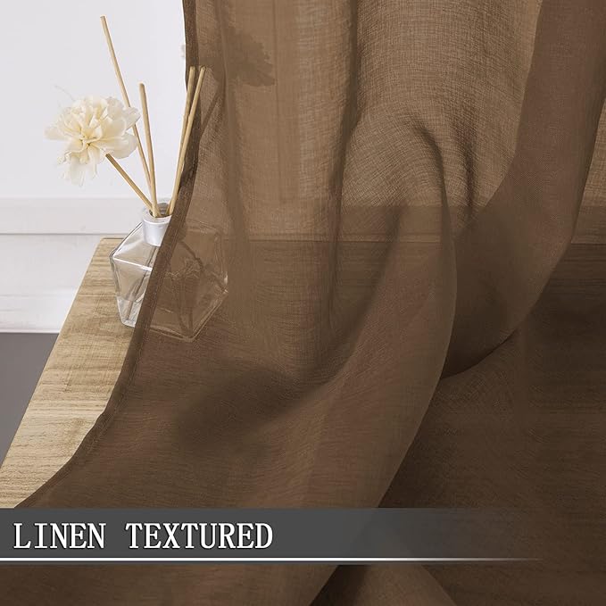 Tollpiz Sheer Curtain Linen Textured Living Room Curtains Sheer Light Filtering Rod Pocket Voile Curtain for Bedroom, 54 x 72 inches Long, Brown, Set of 2 Panels