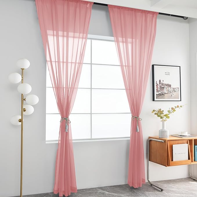 youleyar Solid Sheer Rod Pocket Curtain Voile Draperies 2 Panels White Beige Black Grey Coffee 52 Inch Width 72 Inch Long 1 Pair for Kitchen Bedroom Children Living Room Yard (Blush,52Wｘ72L)