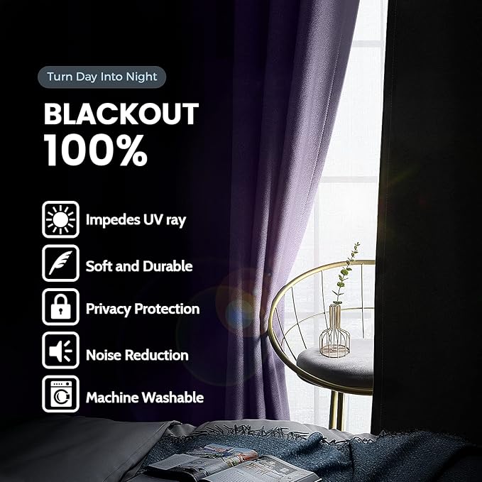 SimpleHome 100% Blackout Curtains for Bedroom,Thermal Insulated Grommet Window Drapes Room Darkening Lilac Curtains for Living Room with Black Back,42 x 63 Inch,2 Panels