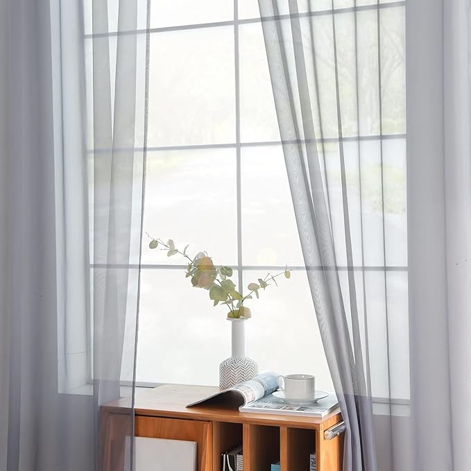 youleyar Solid Sheer Rod Pocket Curtain Voile Draperies 2 Panels White Beige Black Grey Coffee 42 Inch Width 45 Inch Long 1 Pair for Kitchen Bedroom Children Living Room Yard(Grey,42Wｘ45L)
