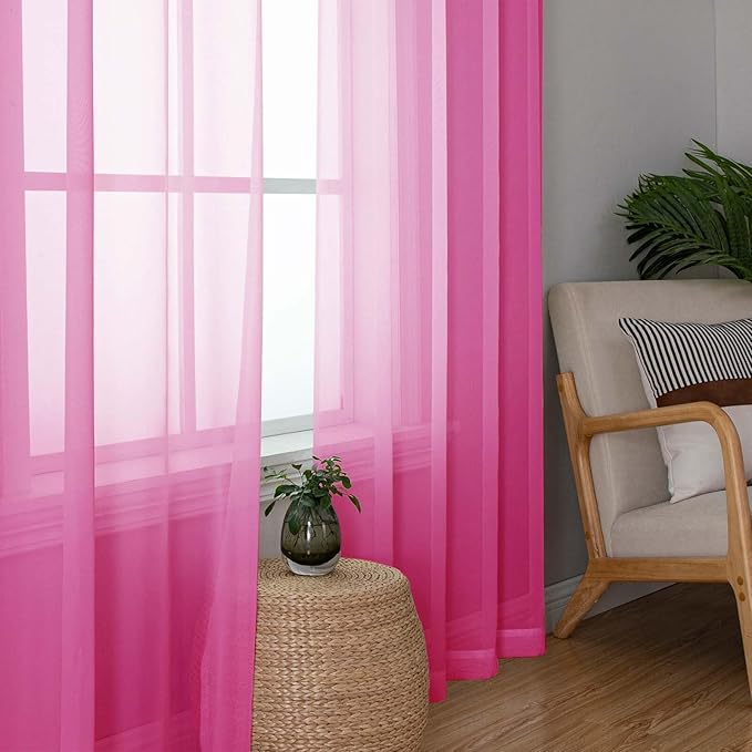 Lecloud Hot Pink Sheer Curtains 90 Inches Long 2 Panels, Solid Voile Privacy Window Treatment Aesthetic Living Room Curtains, Rod Pockets Soft Airy Drapes for Girls Bedroom, Each Panel 42" W x 90" L