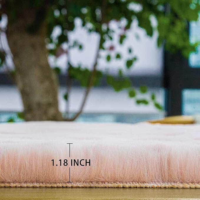 ORINOVA Living Room Rugs 8x10 Area Rugs for Bedroom Pink Shag Washable Faux Rabbit Fluffy Fur Rug Large Boho Nursery Rug