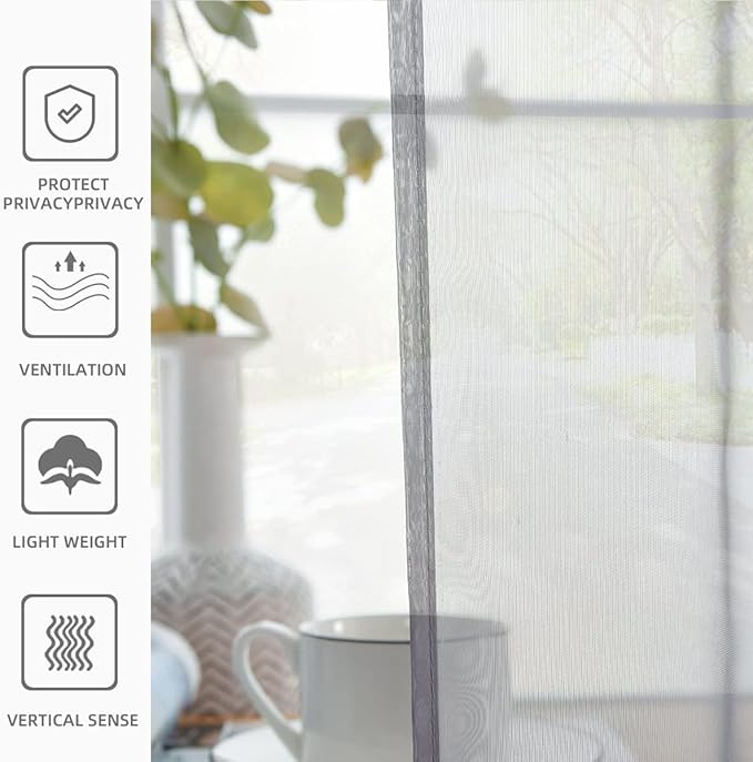 youleyar Solid Sheer Rod Pocket Curtain Voile Draperies 2 Panels White Beige Black Grey Coffee 42 Inch Width 45 Inch Long 1 Pair for Kitchen Bedroom Children Living Room Yard(Grey,42Wｘ45L)