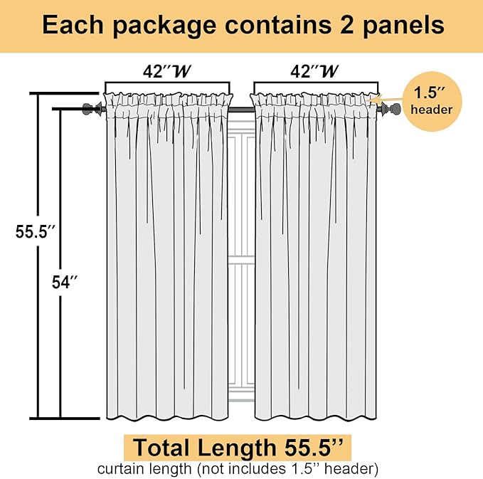Lecloud Lemon Sheer Curtains for Living Room 54 Inch Length 2 Pcs, Solid Color Voile Modern Farmhouse Decor, Airy Rod Pockets Bedroom Curtains for Bathroom Dining Room, Each Panel 42" W x 54" L