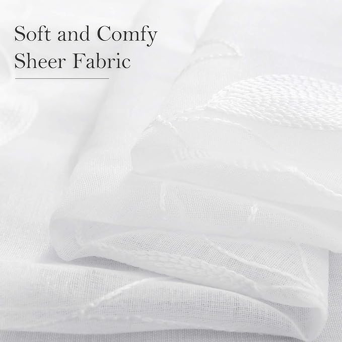 HOMEIDEAS White Sheer Kitchen Curtains 52 x 45 Inch Length 2 Panels Embroidered Leaf Pattern Short Curtains for Bedroom Half Small Window Rod Pocket Tiers