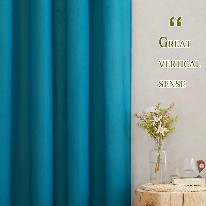 NICETOWN Semi Sheer Curtains Flax Linen Texture, (Peacock Green) Grommet Retro Window Treatment Linen Weave Vertical Drapes Privacy with Light Filter for Living Room, 2 Panels, W52 x L84