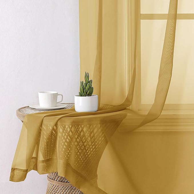Lecloud Gold Sheer Curtains 54 Inch Length 2 Panels, Light Filtering Voile Curtain Drapes for Bedroom Windows, Dual Rod Pocket Living Room Sheer Curtains, 40 W x 54 L Inches, Gold