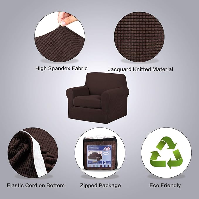 H.VERSAILTEX 2-Pieces Chair Cover Slipcover Furniture Protector Armchair Cover Couch Covers Fit Chair Width Up to 47 Inch, Jacquard Spandex Slipcover Skid Resistance (Chair, Brown)
