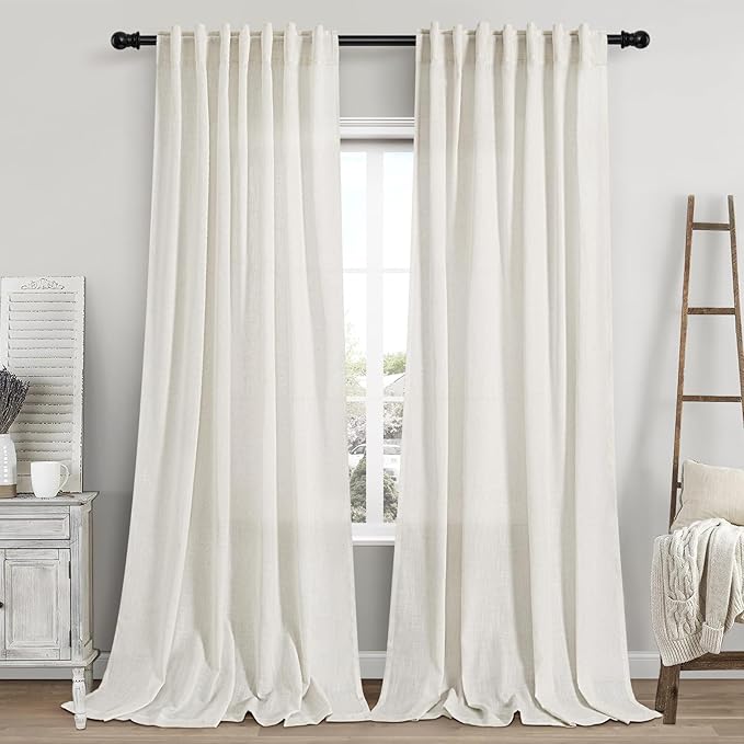 Nanspring Extra Long Curtains 2 Panels 111 Inches Long for Dinning Room Cream Back Tab Rod Pocket Light Filtering Semi Sheer Drapes Cotton Linen Textured Window Curtain for Bedroom 52x111