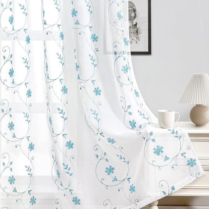 HOMEIDEAS White and Blue Embroidered Floral Sheer Curtains 96 Inches Long 2 Panels Flower Pattern Semi Sheer Window Curtains for Bedroom Living Room
