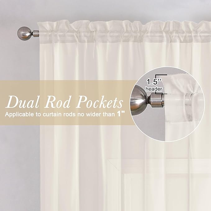 Lecloud Ivory Sheer Curtains 68 Inch Length 2 Pcs, Light Filtering Rod Pockets Bedroom Curtains for Living Room, Farmhouse Window Voile Soft Drapes for Bathroom Home Office, Each Panel 42" W x 68" L