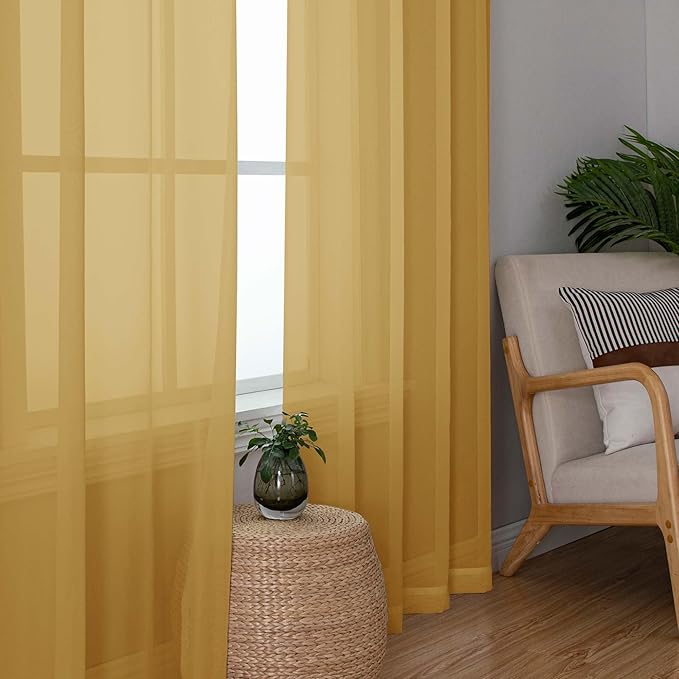 Chyhomenyc Sheer Gold Curtains 90 inches Long 2 Panels, Light Filtering Soft Airy Solid Elegant Voile Window Treatment Drapes for Bedroom Living Room Wedding Party Decor, 42 Wx90 L Inches