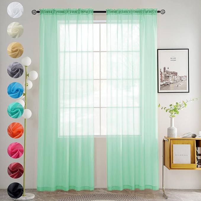 youleyar Solid Sheer Rod Pocket Curtain Voile Draperies 2 Panels White Beige Black Grey Coffee 52 Inch Width 90 Inch Long 1 Pair for Kitchen Bedroom Children Living Room Yard (Light Green,52Wｘ90L)