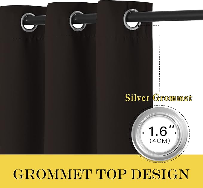 NICETOWN Toffee Brown Curtain Panels - Home Decoration Thermal Insulated Solid Grommet Blackout Curtains/Drapes for Hall/Sliding Door (80" Wide by 108" Long, Black, Set of 2)