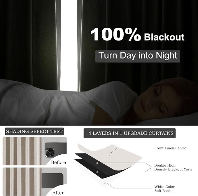 Topfinel Boho Black Out Linen Curtains 86 Inch Length 2 Panels Set for Bedroom Living Room Greige Insulating Winter Room Divider Curtains Neutral Burlap Drapes Pleated Back Tab
