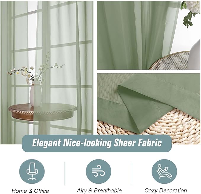 Sage Green Sheer Curtains 63 Inch Length 2 Panels, Voile Sheer Curtain for Living Room, Breathable Light Filtering Window Treatments, Soft Fabric Dual Rod Pocket Drapes, 2x42Wx63L Inches