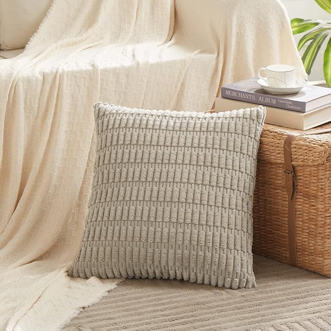 Fancy Homi 4 Packs Taupe Decorative Throw Pillow Covers 22x22 Inch for Living Room Couch Bed, Rustic Modern Farmhouse Boho Home Decor, Soft Plush Corduroy Cute Square Accent Cushion Case 55x55 cm