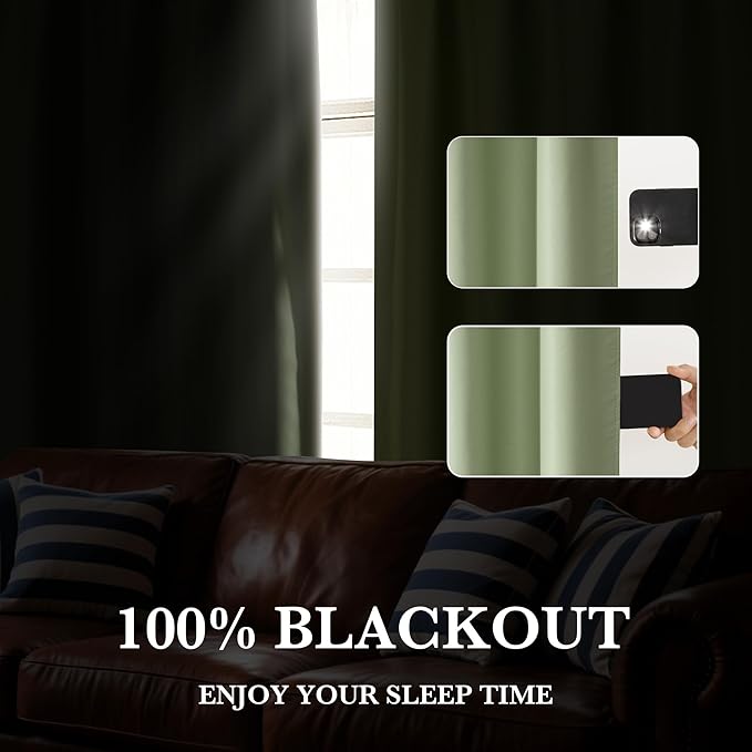RYB HOME 100% Blackout Basement Curtains 24 inches Long, Heat & UV Blocking Total Room Darkening Noise Reducing Curtains for Bathroom RV Campers, Sage Green, 2 Panels Set