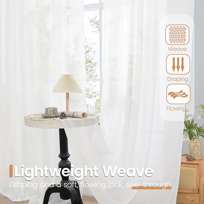 BGment White Linen Curtains 48 Inch Length for Short Window - Natural Semi Sheer Drapes Light Filtering with Rod Pocket for Living Room Bedroom Kitchen Lightweight Rustic, 2 Panels Set, 42 X 48 Inch
