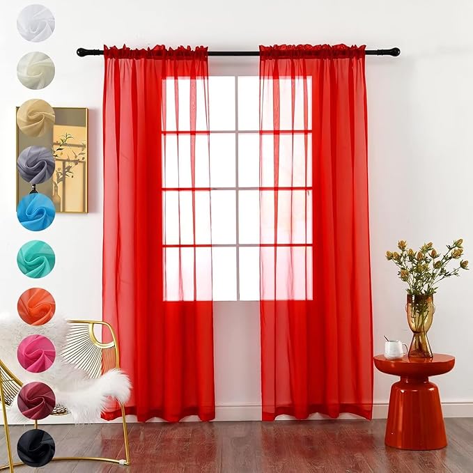 youleyar Solid Sheer Rod Pocket Curtain Voile Draperies 2 Panels White Beige Black Grey Coffee 42 Inch Width 54 Inch Long 1 Pair for Kitchen Bedroom Children Living Room Yard (Red,42Wｘ54L)