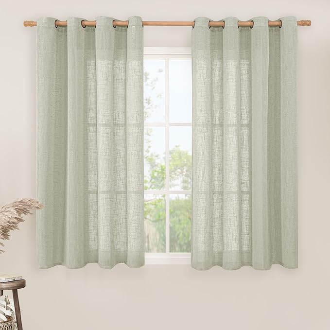 LAMIT Sage Grey Sheer Linen Curtains 54 Inch Length for Bedroom, Bronze Grommet Light Filtering Panels Neutral Drapes for Living Room/Window, 2 Panels Set, 52 x 54 Inch