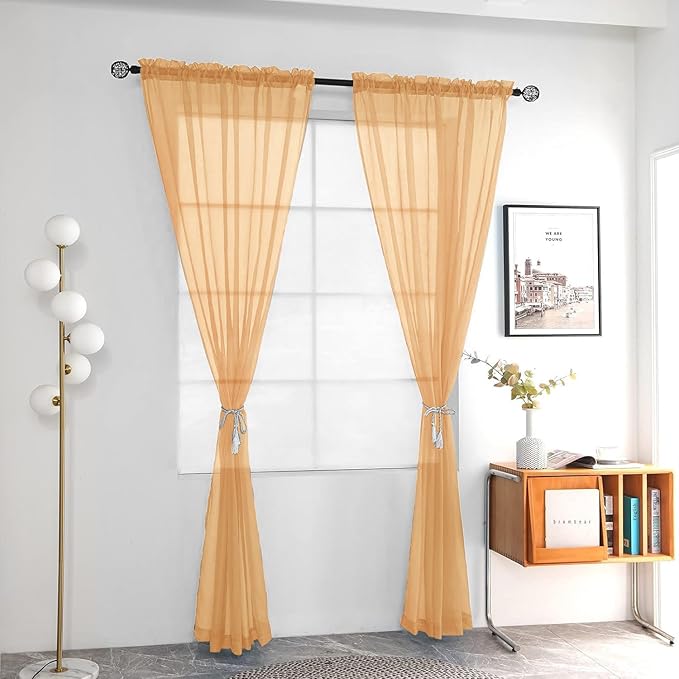 youleyar Solid Sheer Rod Pocket Curtain Voile Draperies 2 Panels White Beige Black Grey Coffee 70 Inch Width 84 Inch Long 1 Pair for Kitchen Bedroom Children Living Room Yard(Beige,70Wｘ84L)