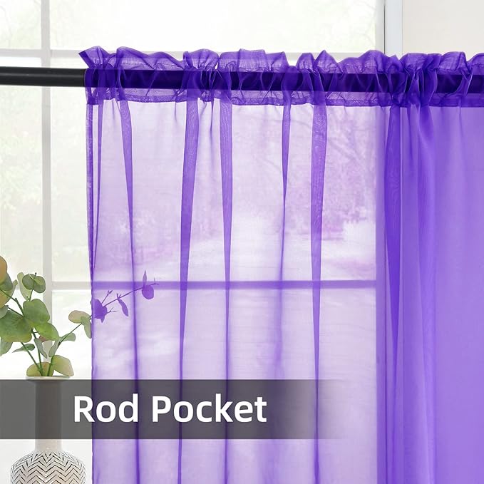 youleyar Solid Sheer Rod Pocket Curtain Voile Draperies 2 Panels White Beige Black Grey Coffee 52 Inch Width 96 Inch Long 1 Pair for Kitchen Bedroom Children Living Room Yard (Purple,52Wｘ96L)