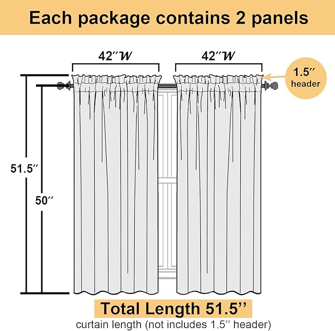 Lecloud Black Sheer Curtains 50 Inch Length 2 Pcs, Light Filtering Bedroom Curtains for Living Room Window Treatments, Rod Pockets Voile Drapes for Bathroom Basement, Each Panel 42" W x 50" L