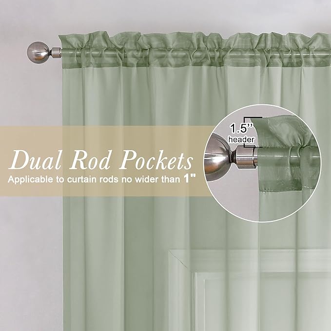 Lecloud Sage Green Sheer Curtains 63 Inch Long 2 Panels, Elegant Voile Drapes for Dinning Small Windows, Light Filtering Voile Curtain for Living Room Bedroom Bathroom, Dual Rod Pocket, 40" Wx63 L