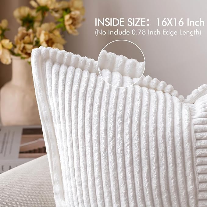 MIULEE Decorative Throw Pillow Covers for Couch Bed Livingroom 16x16 Inch Set of 2 White Boho Accent Throw Pllows Broadside Striped Patchwork Soft Corduroy Pillowcases