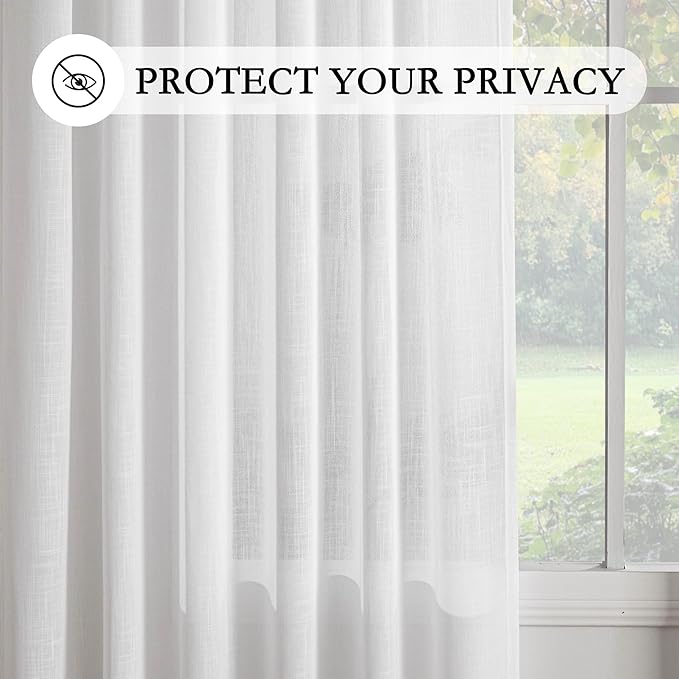 MYSKY HOME 108 Inches Long White Sheer Window Drapes 2 Panel Sets for Sliding Door Back Tab Draperies Linen Look Floor to Ceiling Curtains Soft Cotton Blend Light Filtering for Living Room