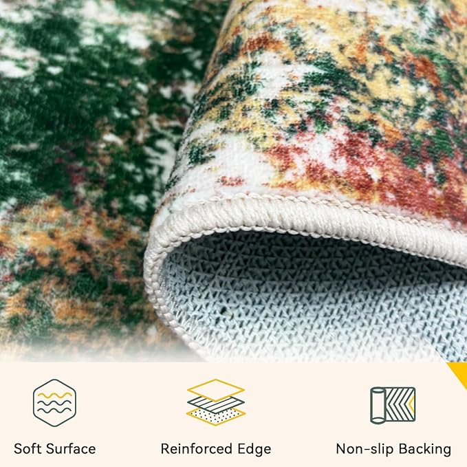 Washable Area Rugs 6'x8' Non-Slip Modern Abstract Soft for Living Room Entryway Bedroom Nursery, Print Pattern, Green Orange Rust Red Cream Colorful