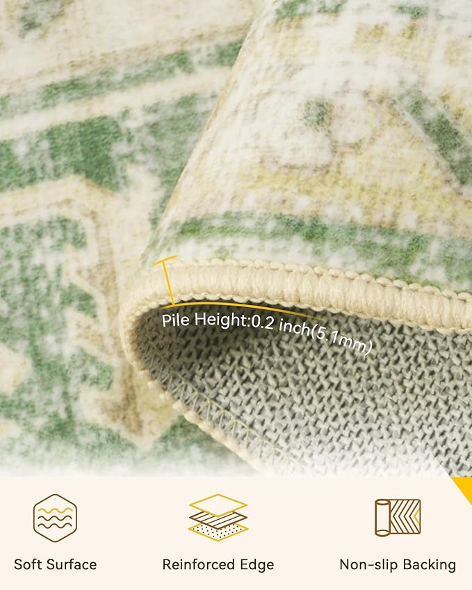 RELEANY Area Rugs 3'x10' Runner Rug Non Slip Washable for Kitchen Hallway Bedroom Beside Laundry Room Bathroom Rug, Floor Carpet, Sage Green Yellow