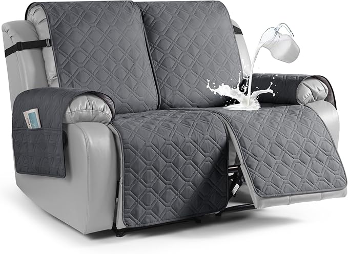VANSOFY Waterproof Recliner Couch Covers, Sofa Covers 1-Piece Washable Reclining Sofa Cover Non-Slip Furniture Protector with Elastic Straps Pocket for Dogs, Pets(Dark Gray,Oversized 2 Seater)
